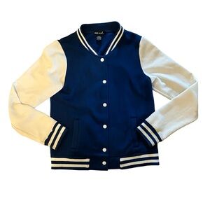 Vintage Wet Seal Blue Varsity Bomber Jacket Size Large Snap Pockets Cotton Y2K